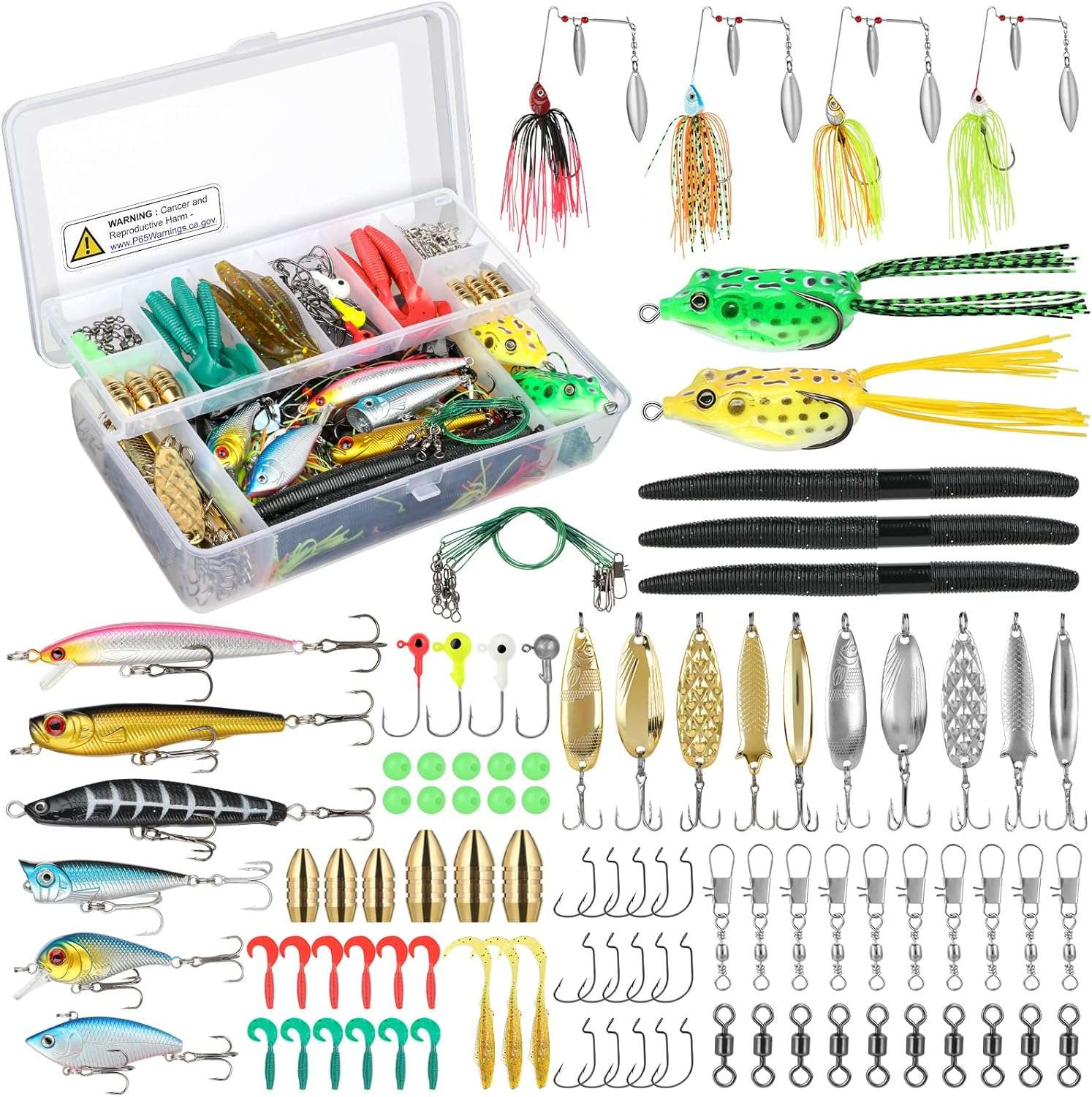 PLUSINNO Fishing Lures Baits Tackle Including Crankbaits, Spinnerbaits, Plastic Worms, Jigs, Topwater Lures, Tackle Box and More Fishing Gear Lures Kit Set, 102/302Pcs Fishing Lure Tackle
