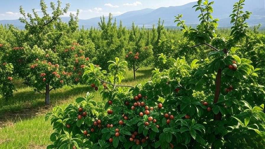 Lush perennial crop orchard with hazelnut and apple trees in Mark Shepard permaculture.
