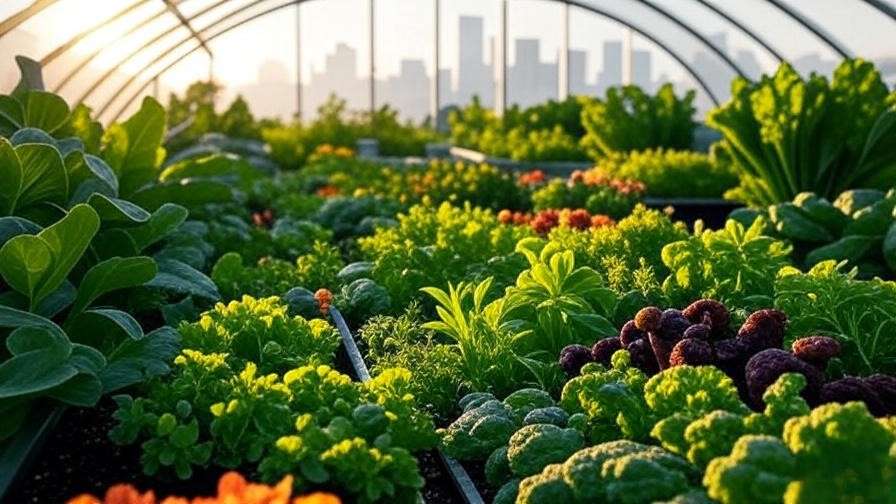 Rooftop greenhouse with fresh organic vegetables and herbs against city skyline