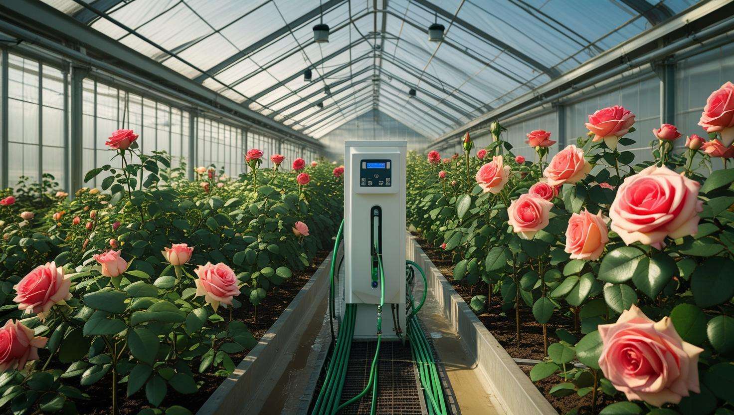 Commercial greenhouse with irrigation control panel and rose plants.
