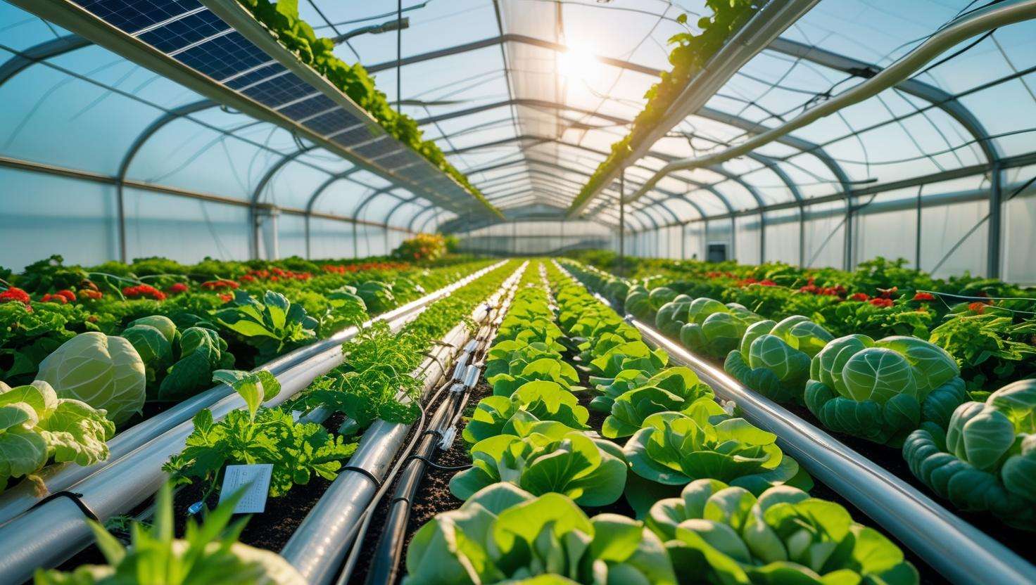 Sustainable greenhouse with optimized irrigation lines and solar panels.