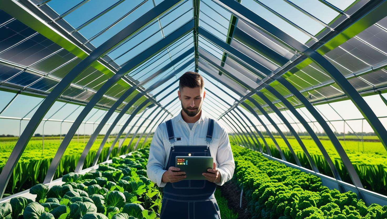 Futuristic tri-penta greenhouse with solar panels and farmer using IoT sensors.