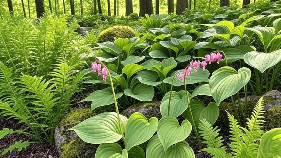 Lush woodland shade garden with ferns, hostas, and bleeding hearts under dappled light.