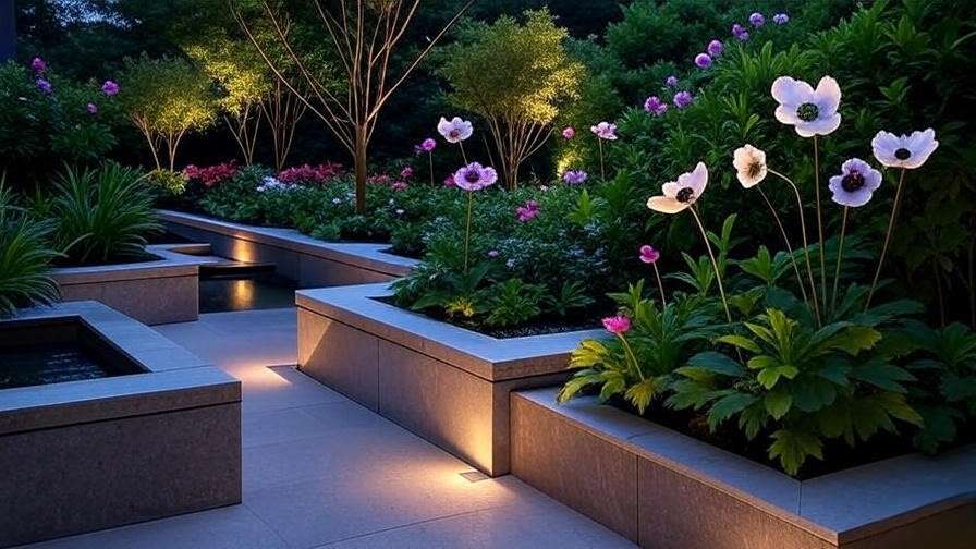 Modern shade garden with coral bells, Japanese anemones, and water feature at dusk