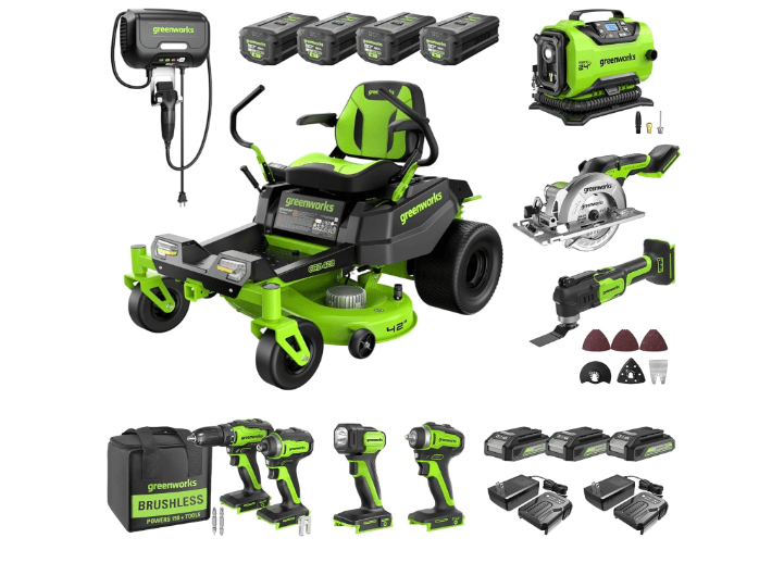 Greenworks 80V 42" Zero Turn Riding Lawn Mower, (4) 5.0Ah Batteries and (600W) Plug in Charger + BONUS 6-Piece Power Tool Combo