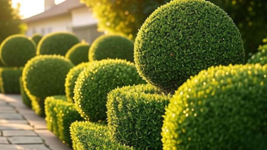 Artificial boxwood hedges in a low-maintenance residential garden along a stone pathway.