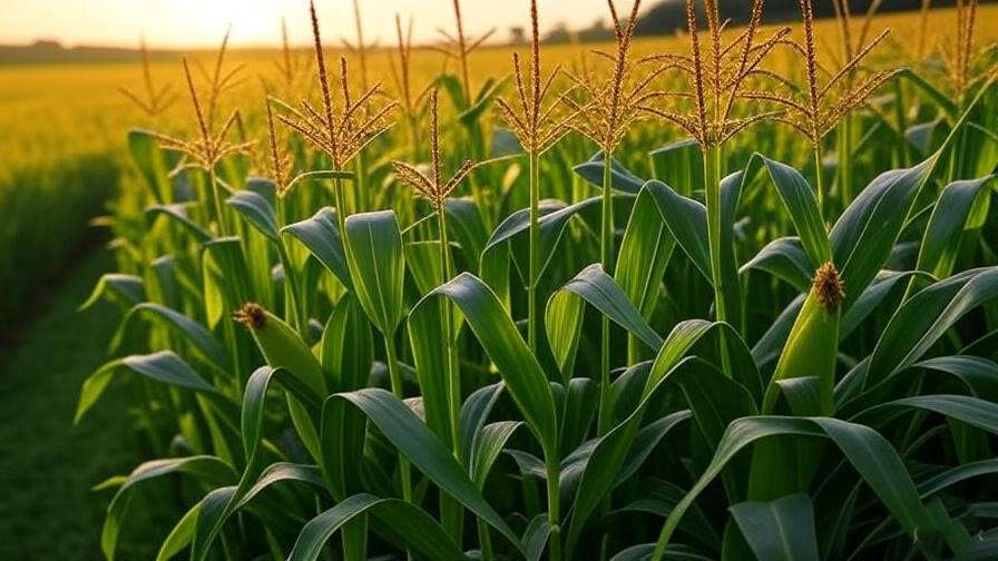 Block of yellow corn plants with tassels in a fertile field.
