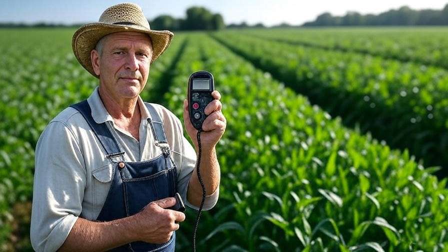 Farmer using light meter and smartphone app for sunlight monitoring.