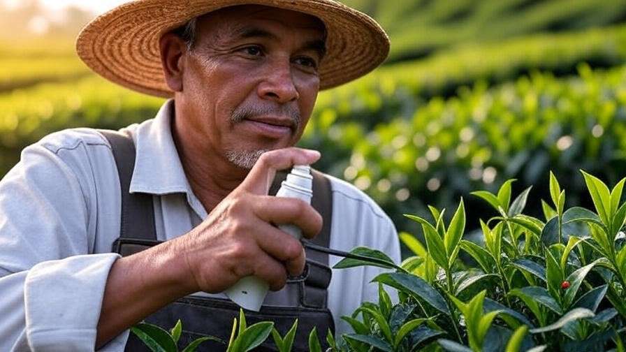  Farmer spraying neem oil with a hand sprayer in an eco-friendly tea plantation, with ladybugs visible on leaves.