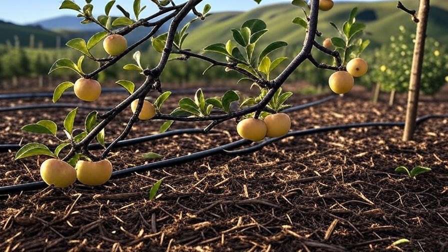 Winter banana apple tree with drip irrigation and organic mulch in an orchard