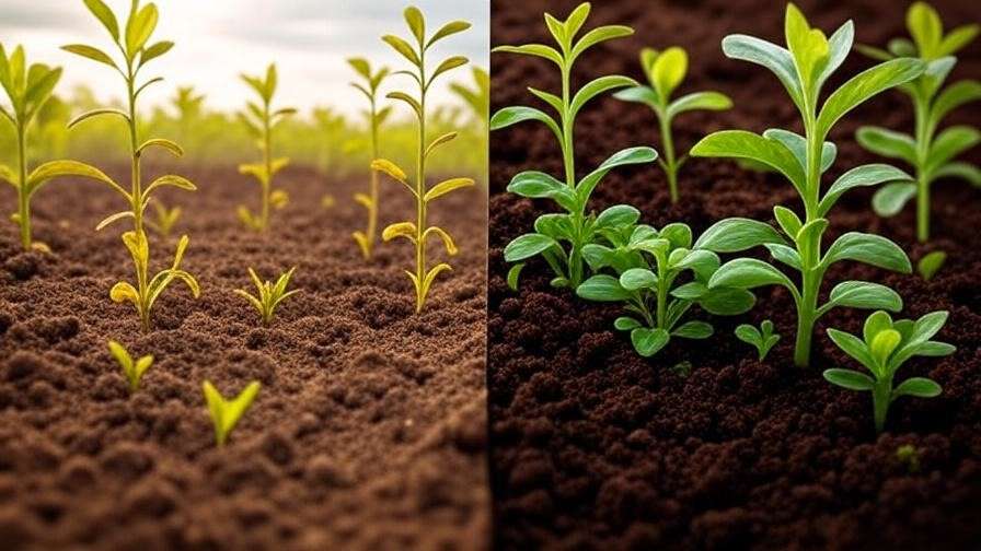 A side-by-side comparison of soil profiles, showing degraded soil from conventional agriculture on the left and rich, organic soil from permaculture on the right, with visible differences in texture and plant growth.