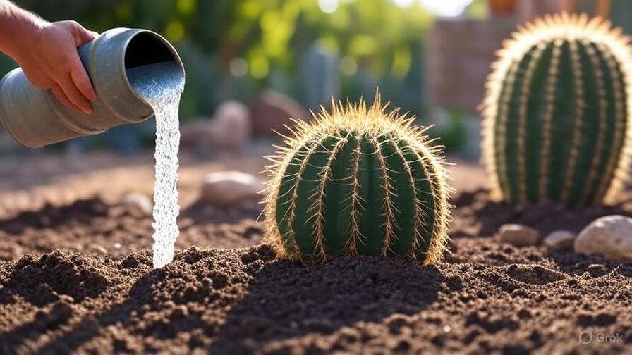  Step-by-step process of fertilizing a cactus with liquid fertilizer in a sunny desert garden.