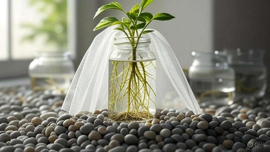 Bridal veil plant cutting with roots in a jar, surrounded by a humid pebble tray.