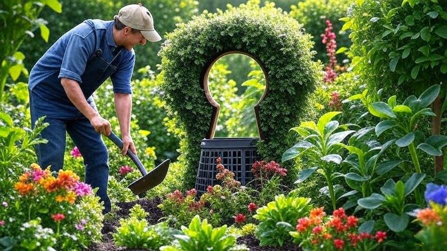 Gardener using eco-friendly tools in a keyhole garden with vibrant plants