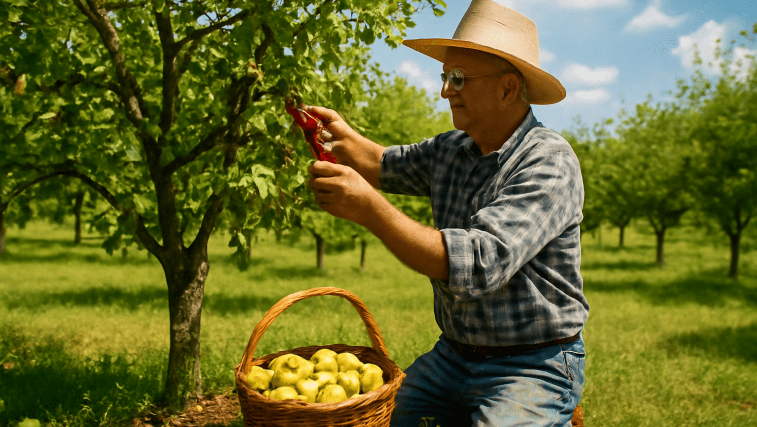 Farmer pruning fruit tree and collecting fallen fruit for pest control