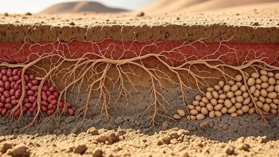 Soil cross-section demonstrating nutrient management through crop rotation for desert rose in nutrient-depleted arid soils.