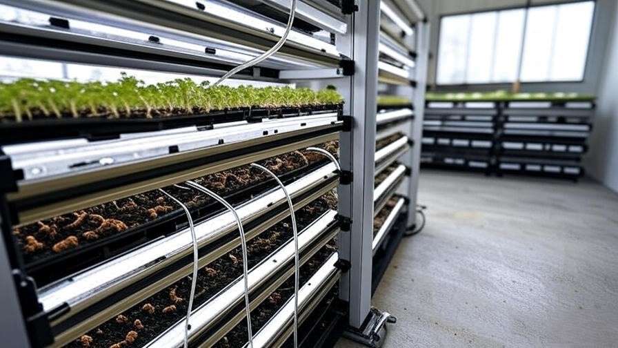 Step-by-step setup of vertical farming system with LED lights and trays for peanuts