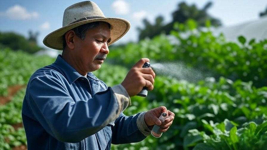 Farmer applying neem oil spray to crops for organic pest control.