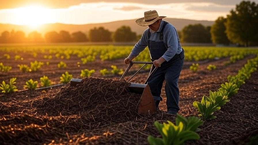 Farmer using a blade mulcher to spread mulch over organic crop rows in sunlight.
