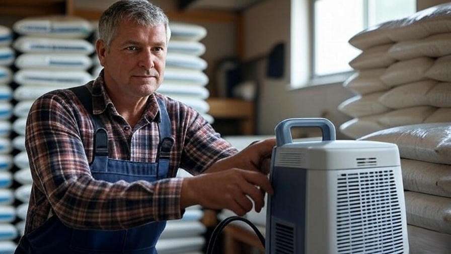 Farmer using dehumidifier in ventilated farm storage to prevent silverfish