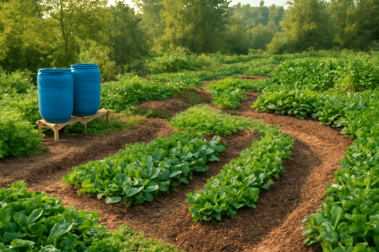Permaculture garden with swales and rainwater barrels for veggie irrigation