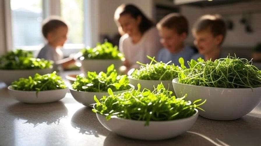 Freshly harvested microgreens and salad greens on a kitchen island with family