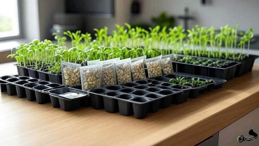 Display of microgreen growing kit components like trays and seeds on a kitchen counter, promoting easy home gardening.