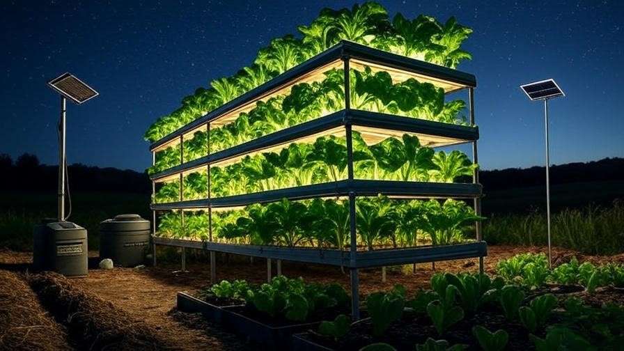 Vertical farm with solar-powered heater and compost bin for eco-friendly warmth