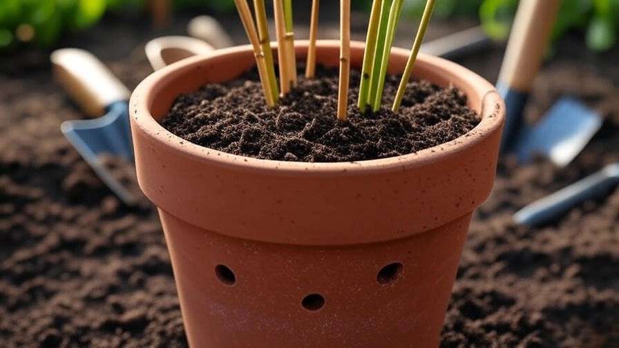 Step-by-step process of preparing a terracotta pot with soil and planting bamboo rhizomes.