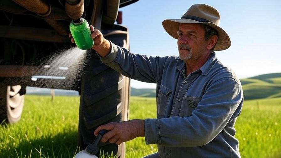 Farmer applying peppermint oil pest repellent to tractor undercarriage in field