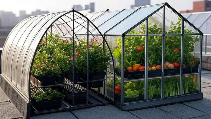Different types of rooftop greenhouses with plants on urban rooftop