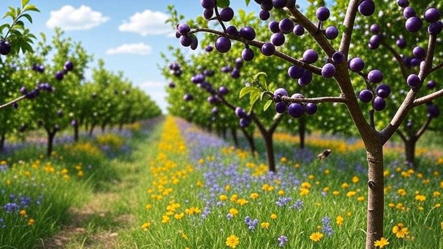 Farmer inspecting ripe organic prunes with drip irrigation in a thriving orchard.