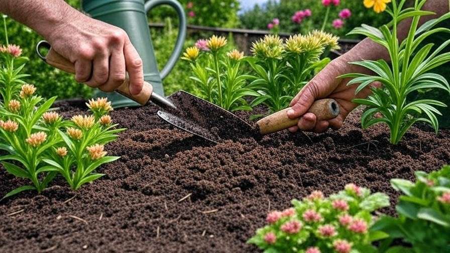 Gardener amending soil with compost around a Peony in a Zone 7 garden