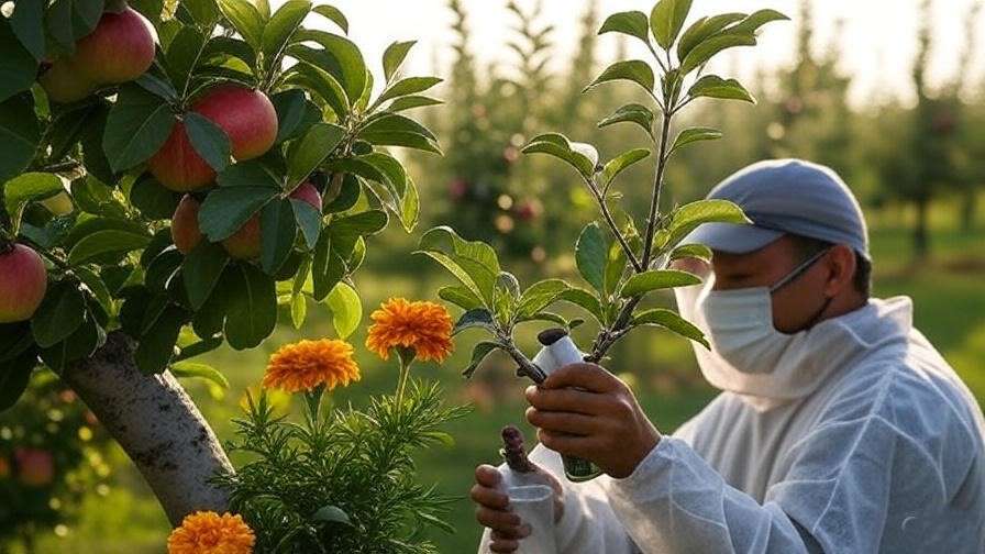 Organic pest control with ladybugs and neem oil in an apple orchard.