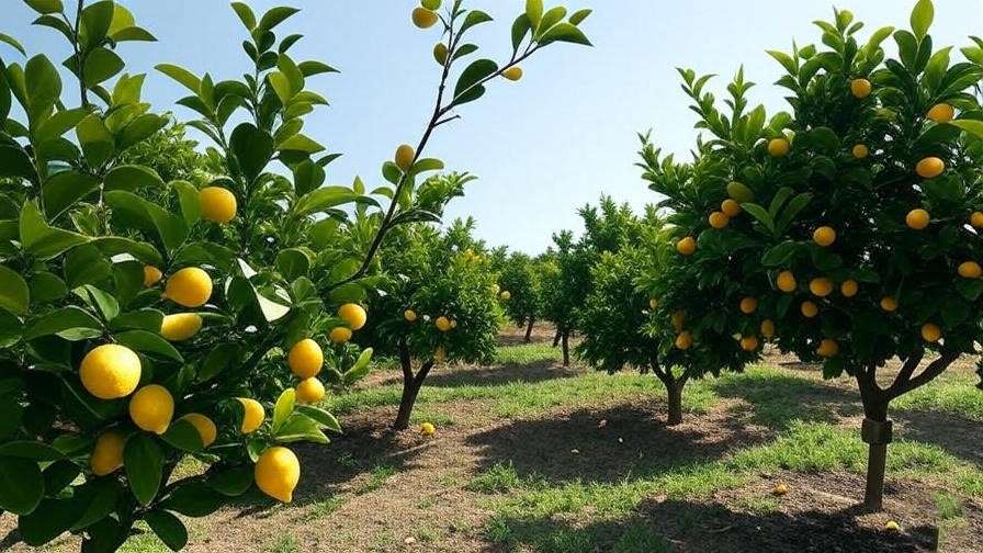 Futuristic organic lemon orchard with soil sensors and regenerative tools.