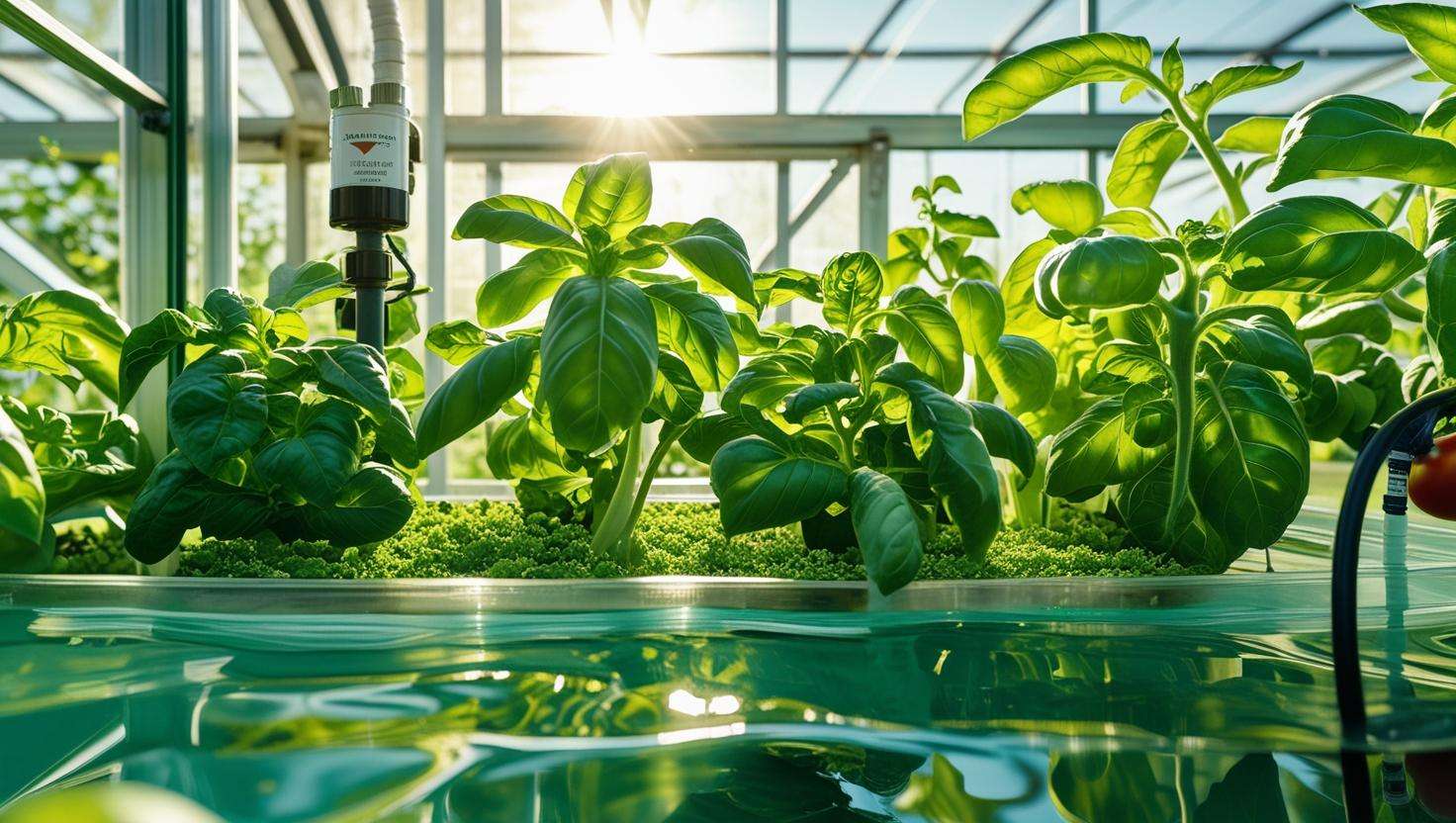 Greenhouse DWC system with thriving plants and inline heater under sunlight