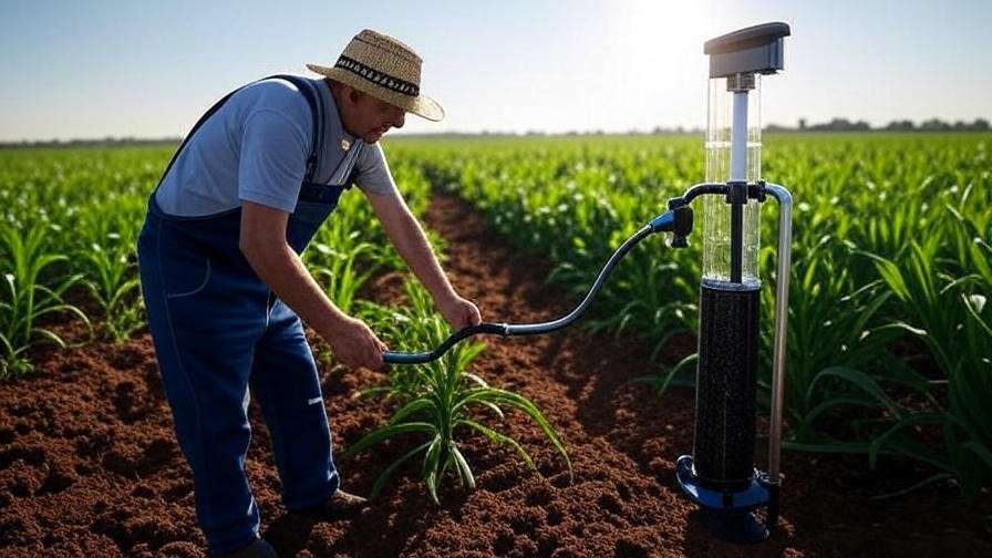  Farmer inspecting carbon water filter in sunlit field with healthy crops