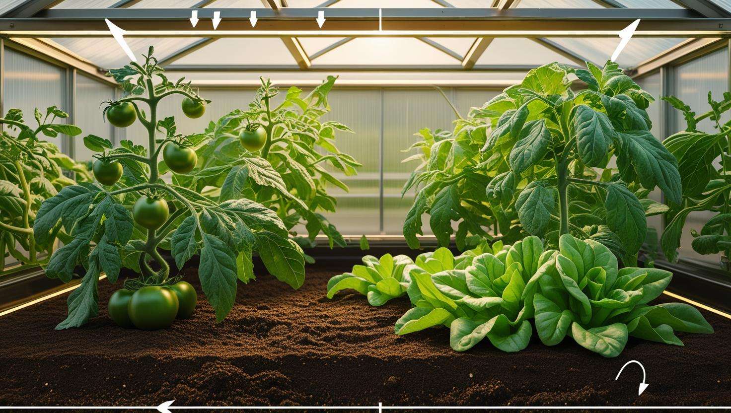 Cross-section of tri-penta greenhouse showing airflow and healthy plants.