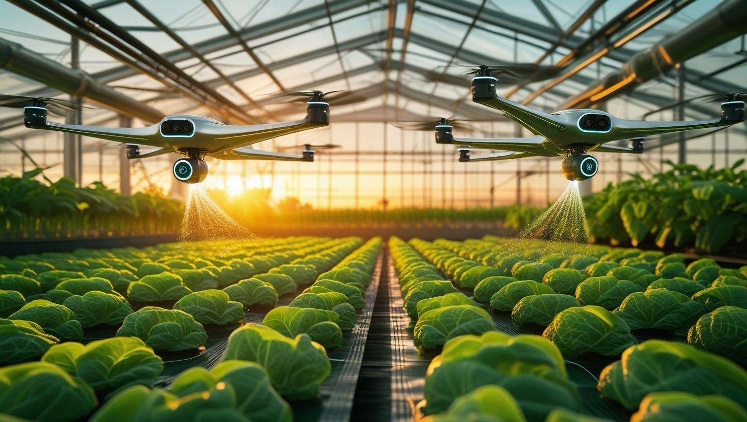 Futuristic greenhouse with AI irrigation drones over crops.