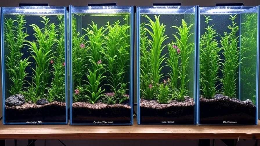 Comparison of ADA Aqua Soil, Eco-Complete, Fluval Stratum, and Seachem Flourite substrates with various aquarium plants."