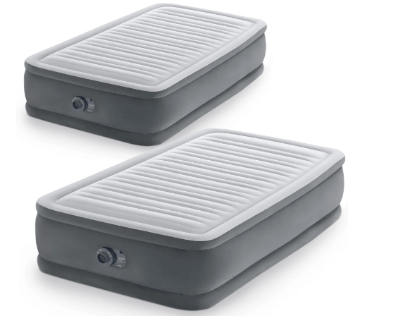 Intex Twin Size Dura Beam Deluxe Comfort Plush Air Mattress Fiber Tech Airbed with Built-in Pump and Portable Storage Carrying Case, 2 Pack, Gray