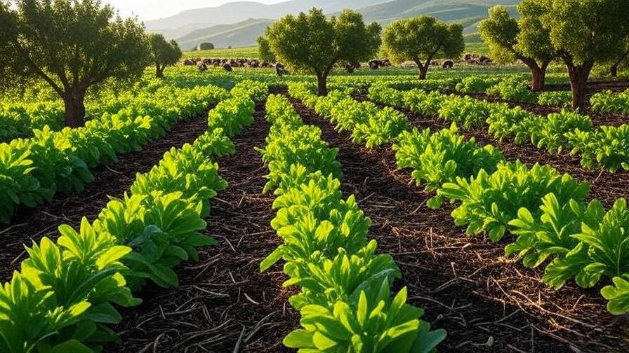 Regenerative agriculture scene with agroforestry, crops, and grazing livestock on healthy soil