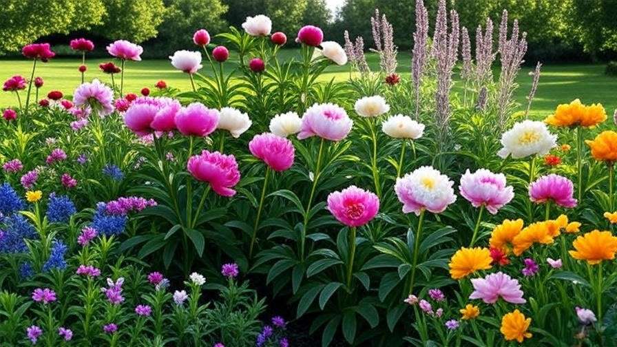 Thriving garden with peonies and Russian sage, attracting butterflies