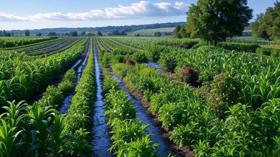 A serene landscape of a hybrid farm integrating conventional agriculture rows with permaculture elements like agroforestry and water swales, under a clear blue sky.
