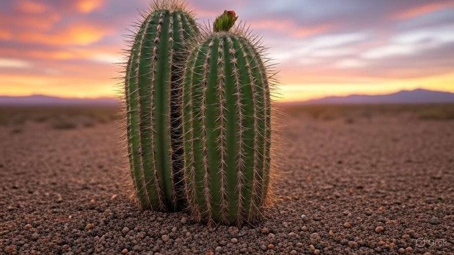 Majestic saguaro cactus with blooms in a gritty desert soil landscape at sunrise