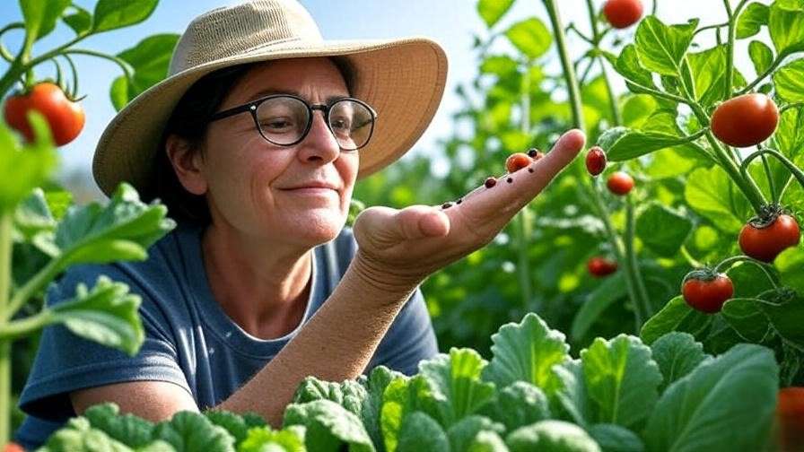 Gardener releasing ladybugs for natural pest control in veggie garden