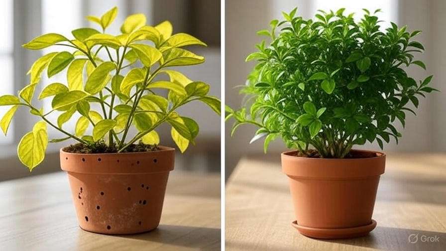 Side-by-side comparison of overwatered and healthy bridal veil plants in terracotta pots