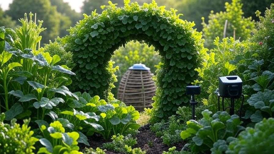 Futuristic keyhole garden with smart technology and diverse permaculture plants