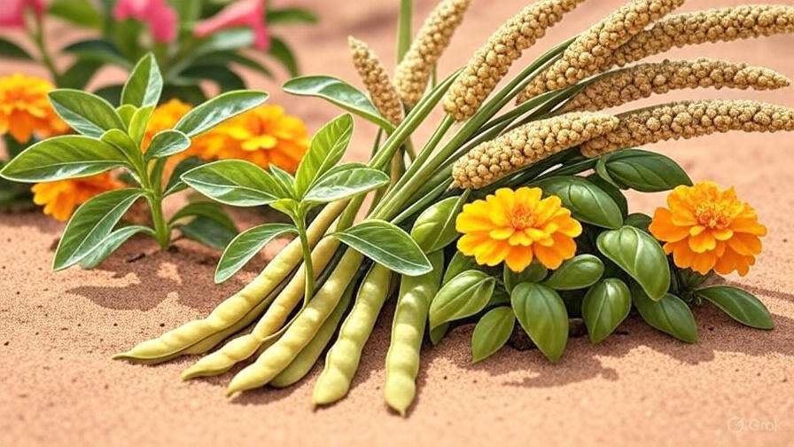 Assortment of companion crops like cowpea, millet, and marigold compatible with desert rose for improved soil fertility and pest control.