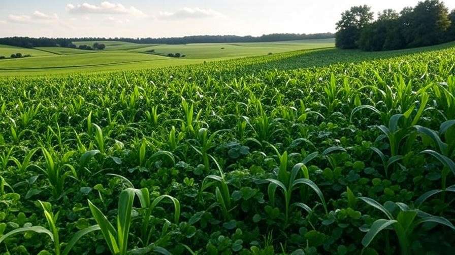 Crop rotation with corn, beans, and clover for sustainable pest control.